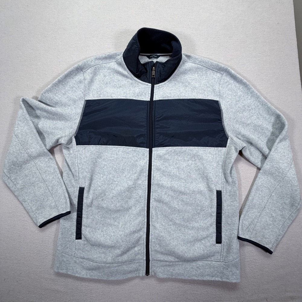 Nautica Mens Fleece Jacket Regular Fit Gray Navy Blue Full Zip XL